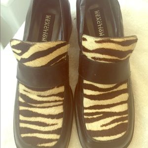 Zebra print chunky heel loafers.